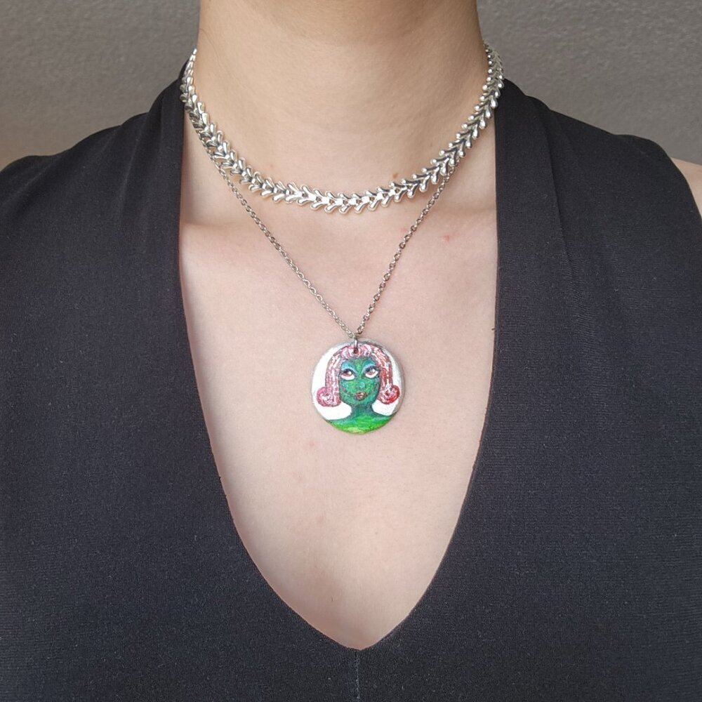 Unique colourful green witch pendant on a dainty silver chain - Picture 7 of 13